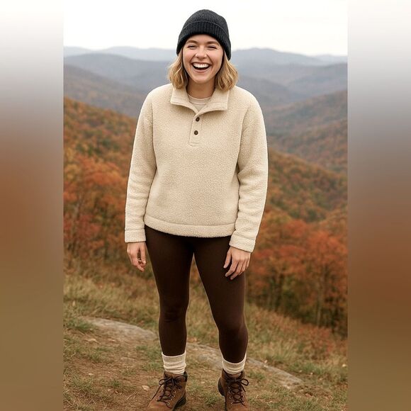 Aerie Womens Cream Cloud Sherpa Henley Teddy Sweater CabinCore ComfortCore Large - Picture 1 of 14